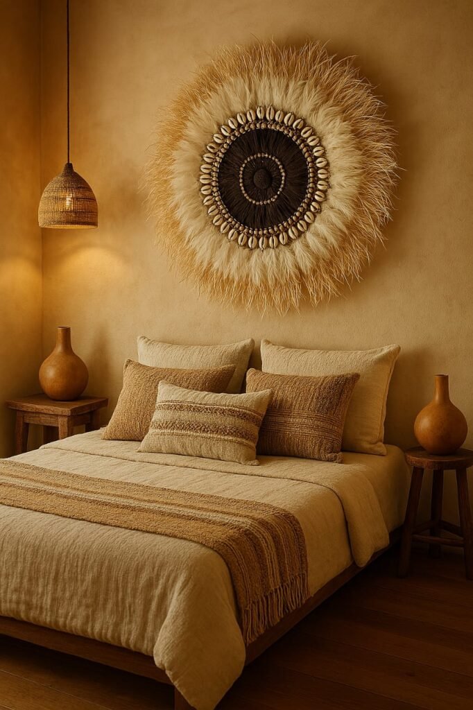 Ondes Nomades oeuvre circulaire en fibres naturelles. Décoration artisanal Ayãm